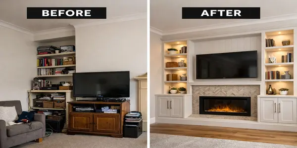 Before and after bespoke cabinetry installation in a South Wales home showing cluttered living room with poorly fitted furniture transformed into custom-built wall-to-wall cabinets with integrated shelving and modern media unit.