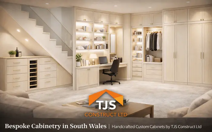 Bespoke cabinetry in South Wales featuring custom under-stairs storage, fitted wardrobes, and a made-to-measure home office with premium light wood finishes and integrated white LED lighting.