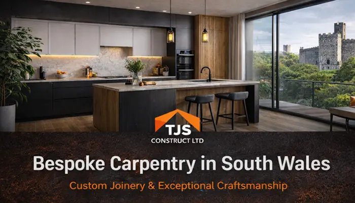 A luxury modern kitchen featuring bespoke built-in storage by TJS Construct LTD in South Wales. The image shows a walnut-finish media wall, integrated home office station, and precision-scribed cabinetry with a view of a Welsh castle through the window.
