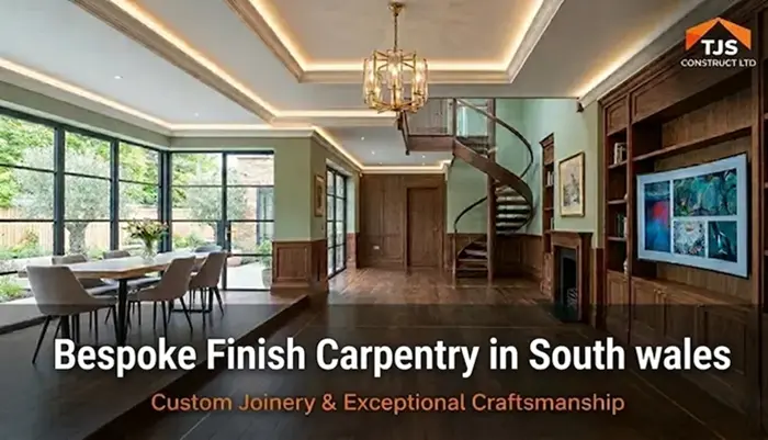 A luxury open-plan living and dining room with bespoke wood paneling, a spiral staircase, and large floor-to-ceiling windows showing a garden. Overlaid on a dark banner at the bottom is the logo "TJS CONSTRUCT LTD" and text reading: "Bespoke Finish Carpentry in South Wales. Custom Joinery & Exceptional Craftsmanship