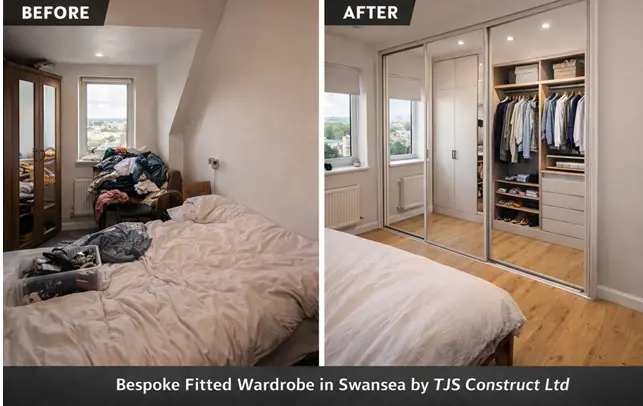 Before and after transformation of a small Swansea bedroom showing a cluttered space upgraded with a bespoke fitted wardrobe featuring floor-to-ceiling storage and sliding mirrored doors