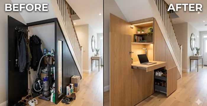 Before and after under-stairs storage transformation in a South Wales home, featuring a bespoke built-in desk, shelving, and hidden storage units.