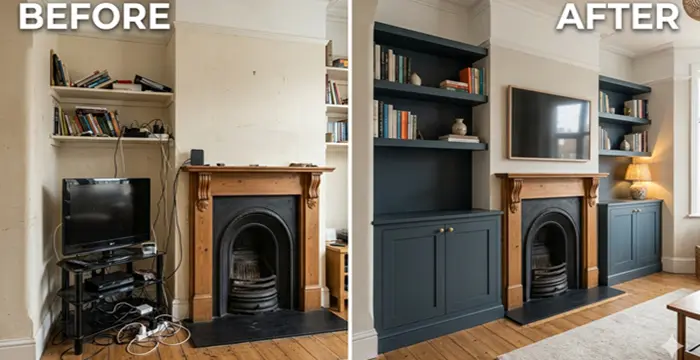 Before and after bespoke built-in cabinetry around fireplace in a South Wales living room, featuring custom shelving, storage units, and a wall-mounted TV.