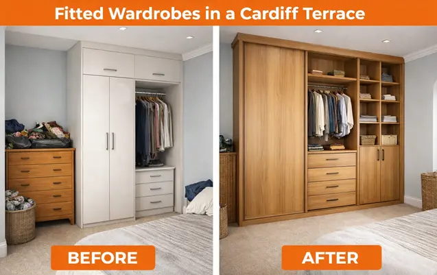 Before and after fitted wardrobe in a Cardiff terrace by TJS Construct Ltd, custom sliding doors and integrated shelving.