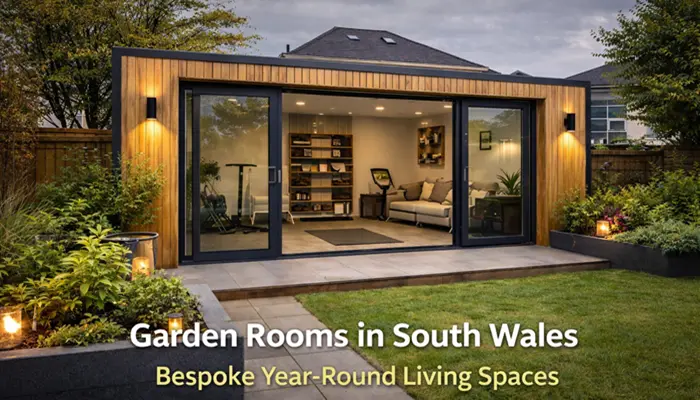 Before and after transformation of a Cardiff garden showing a cluttered backyard converted into a modern insulated garden office with large glass doors and contemporary timber cladding