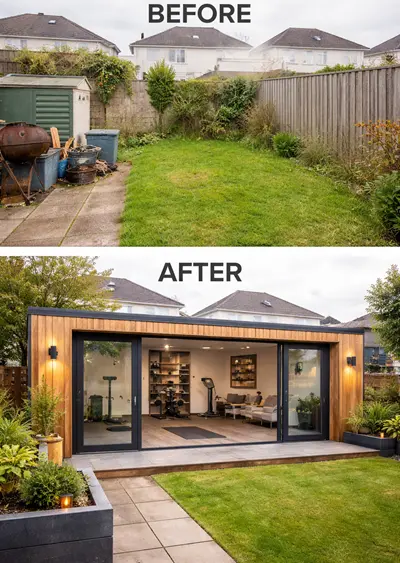 Before and after transformation of a Swansea garden showing a cluttered backyard converted into a modern insulated garden studio and home gym with large glass doors and timber cladding.