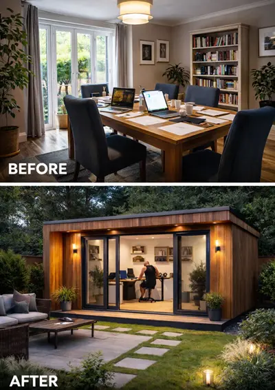 Before and after transformation of a Cardiff garden showing a cluttered backyard converted into a modern insulated garden office with large glass doors and contemporary timber cladding.
