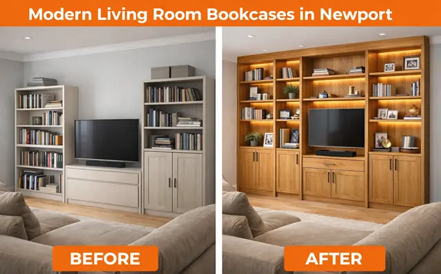 Before and after bespoke living room bookcases in a Newport home by TJS Construct Ltd, featuring integrated lighting and hidden hardwood cabinets.