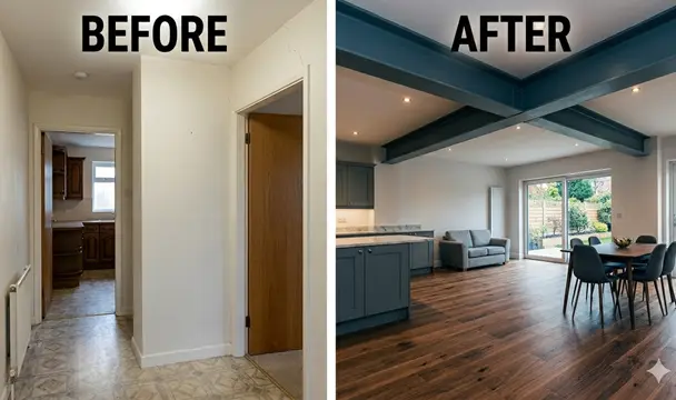 a modern, open-plan kitchen, dining, and living area with exposed steel beams and dark wood floors (After). Labels "BEFORE" and "AFTER" are visible.