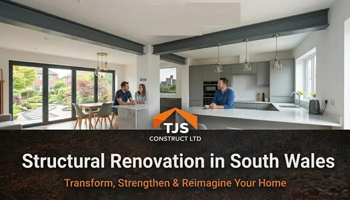 Open-plan kitchen and living area transformation in South Wales featuring professionally installed exposed RSJ steel beams and bifold doors by TJS Construct Ltd