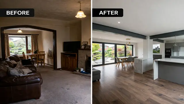 Before and after structural renovation in Cardiff showing open plan kitchen and living space with improved light and layout