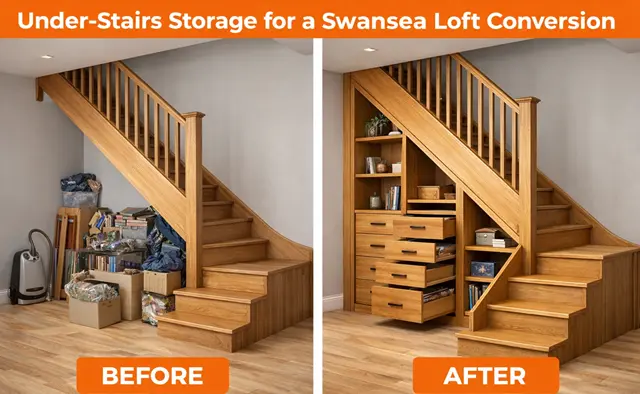 Before and after under-stairs storage in a Swansea loft by TJS Construct Ltd, showing custom drawers and pull-out shelves made with solid oak and sustainable timber.
