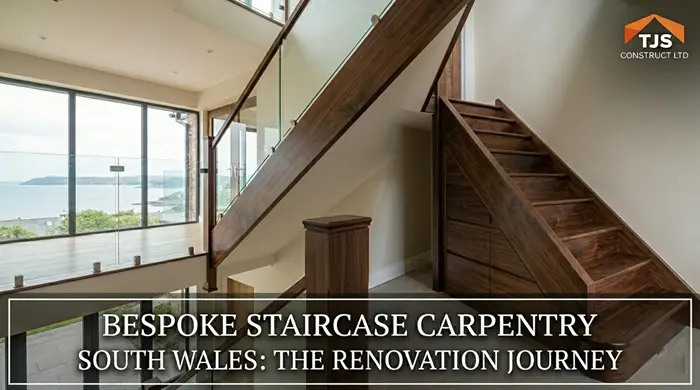 Modern Staircase renovation in South Wales featuring dark walnut wood treads, a glass balustrade for natural light, and integrated under-stairs storage in a luxury Cardiff home entryway.