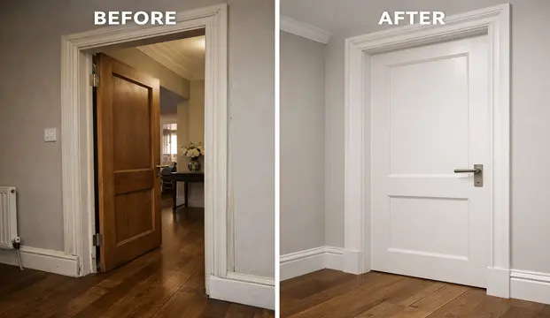 Before and after period home renovation in South Wales showing bespoke finish carpentry, wall panelling, and custom oak doors