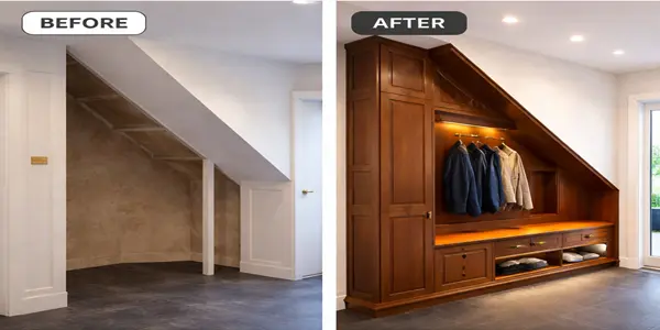 Before and after bespoke under-stairs storage renovation in Vale of Glamorgan showing custom oak cabinetry, LED lighting, and fitted cloakroom design by TJS Construct Ltd